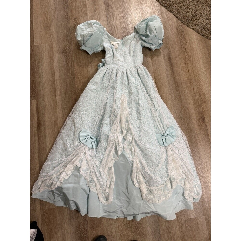 Vintage Gunne Sax Cinderella Style Blue White Lace Dress Puff Sleeve Bows Size 5